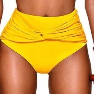 New! Bfyne Joji Yellow Twisted Front Ruched Back Bikini Bottom 10601